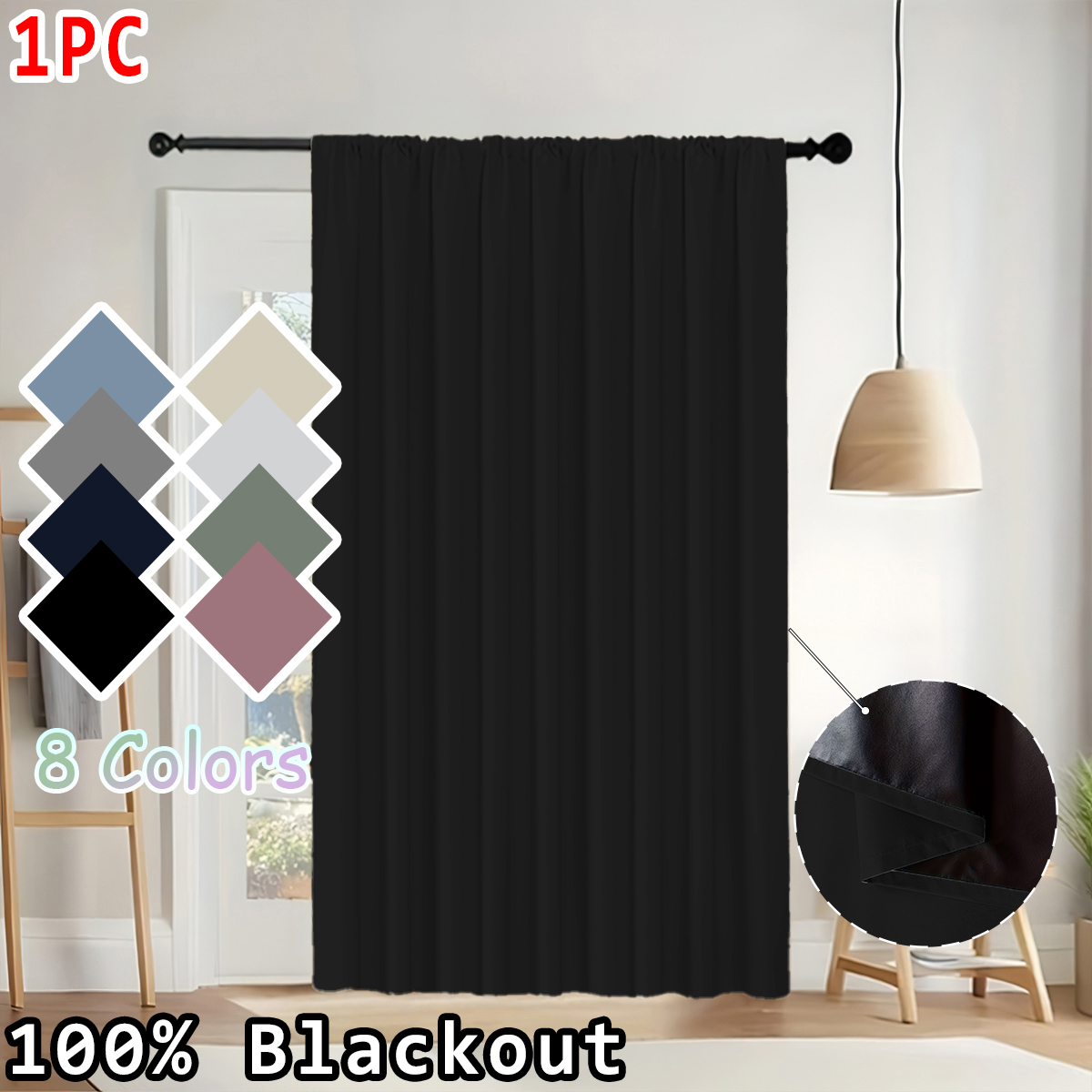 Curtain Rods - シンプルな無地の100％遮光カーテン1枚、ロッドポケットカーテン、軽量、洗濯可能、オールシーズン対応、リビングルーム、寝室、オフィス、遮光装飾に最適。