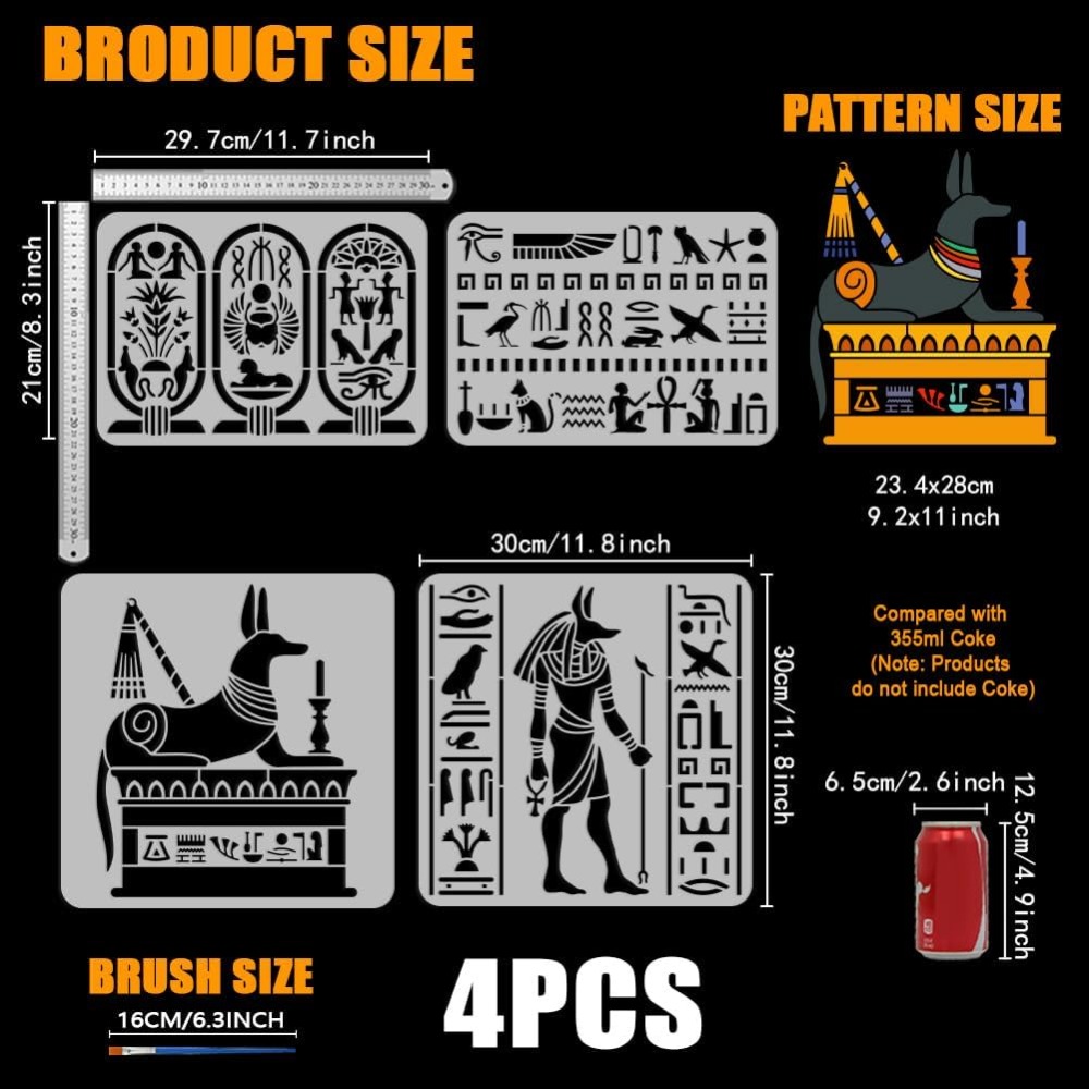 Paint Brush - 4 個のエジプトのシンボルステンシル、ブラシでペイントするための A4/11.8 インチ再利用可能な神アヌビス スフィンクス PET