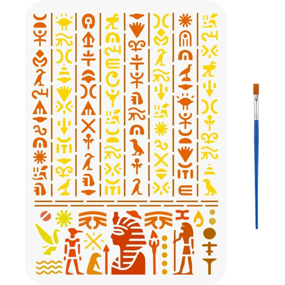 Paint Brush - 古代エジプト文字ステンシル ペイントブラシ付き 11.7x8.3インチ エジプトシンボルステンシル 神聖文字絵画ステンシル エジプト