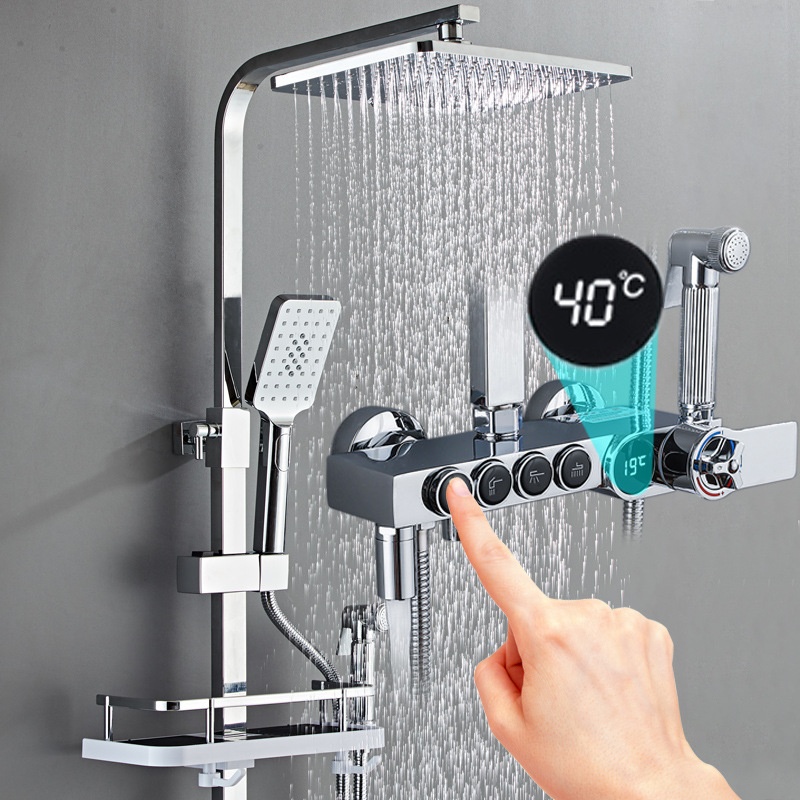 Faucet - 高級シルバーLEDデジタルディスプレイ真鍮シャワーセット4キー蛇口ミキサータップシャワーセットサーモスタットシャワーミキサー蛇口
