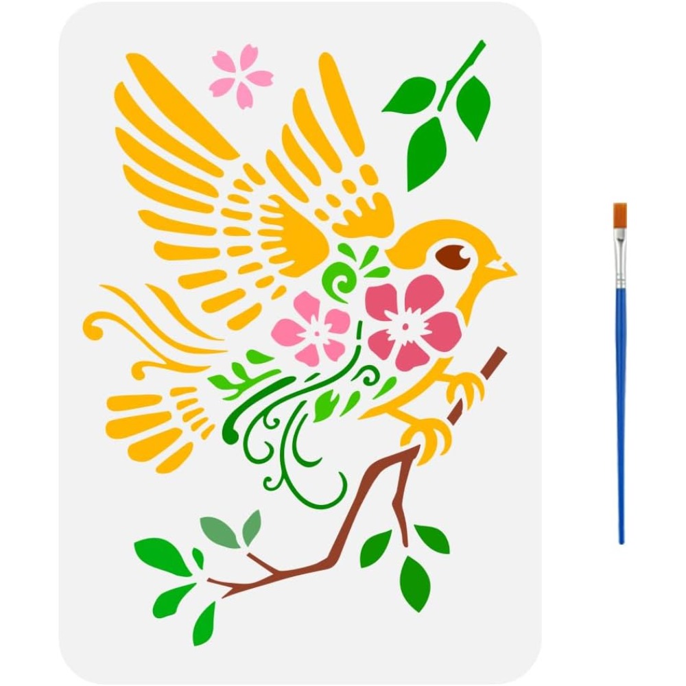 Paint Brush - 枝の上のスズメ 描画ステンシル ペイントブラシ付き 11.7x8.3インチ 花の葉の枝 絵画テンプレート