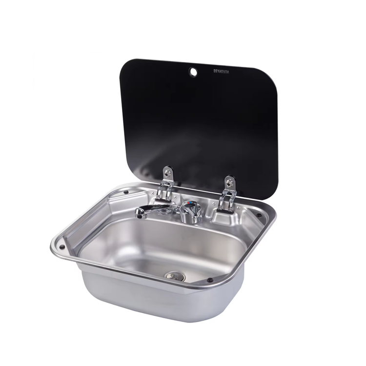 Faucet - ヨットボートキャンピングカーモーターホームRVキャラバンステンレス鋼製洗面台 ガラス蓋と蛇口付き ドメティック 420*370*145mm