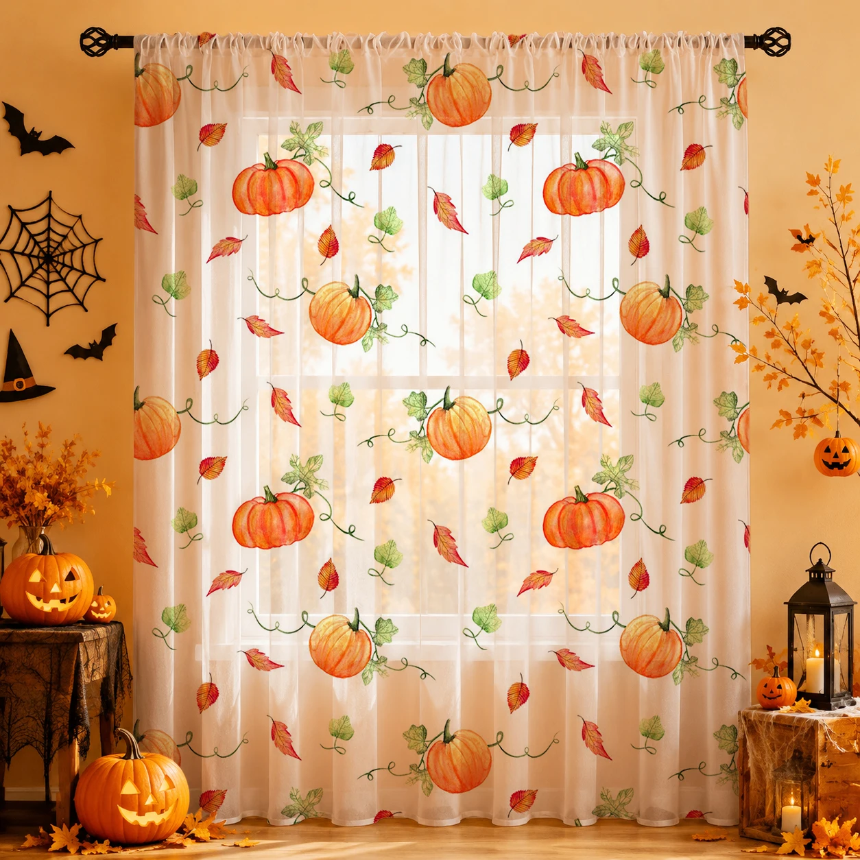 Curtain Rods - 1枚 ロッドポケット付き ホームデコレーション ハロウィン シアーボイルカーテン ハロウィンギフト