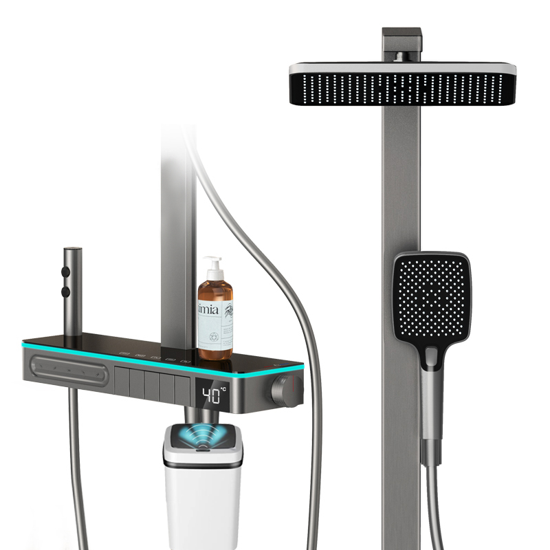 Faucet - バスルーム多機能デジタルディスプレイシャワーシステム真鍮ピアノキー露出型サーモスタット式蛇口ソフト＆レインスプレーパターン