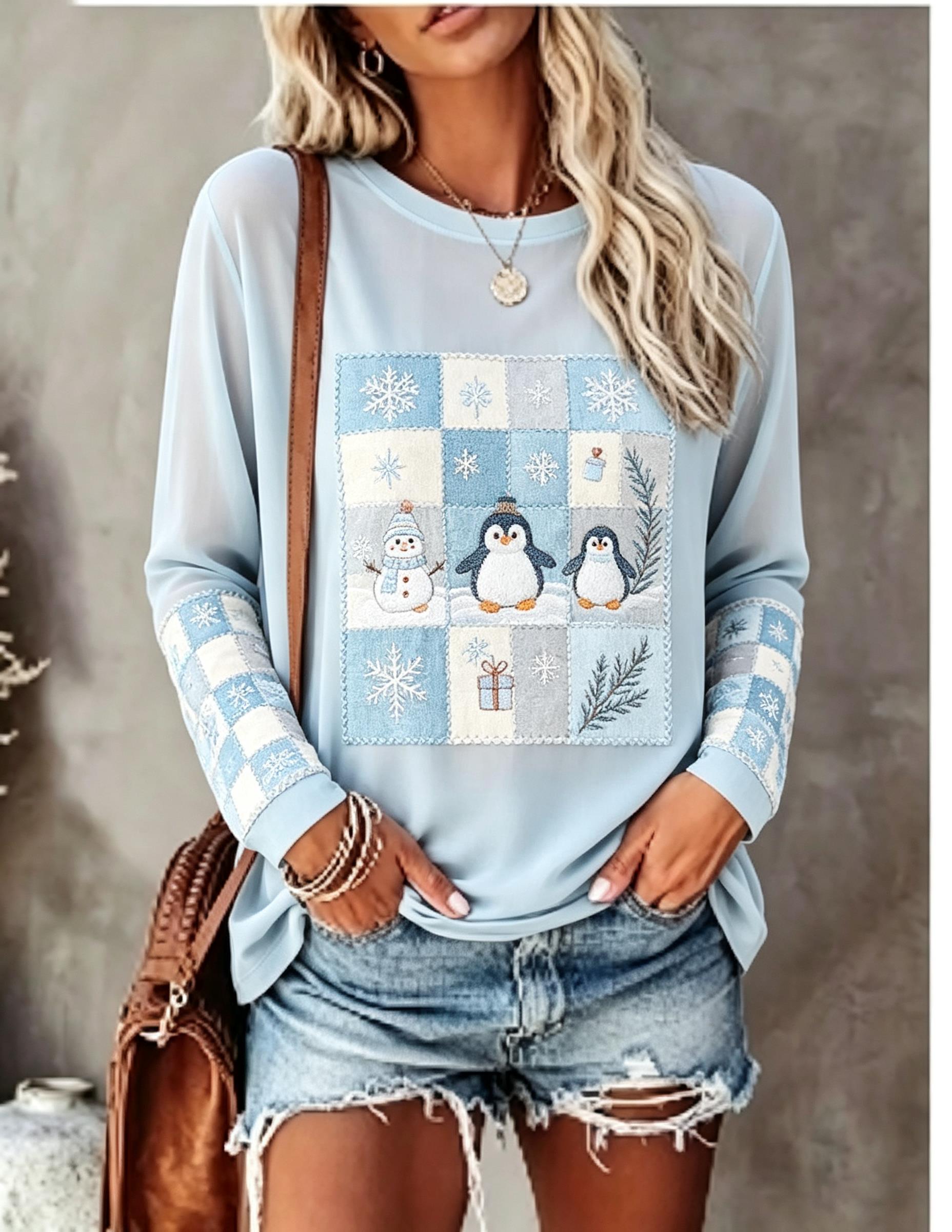 Wallpaper - レディース 長袖Tシャツ、フォックス、ウサギ、パッチワーク、格子柄、松ぼっくり、ベリー、雪の結晶プリント、クルーネック、カジュアル、秋のトップス