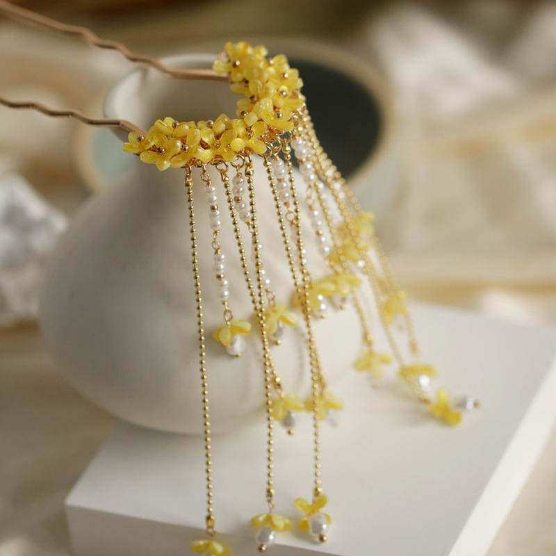 古代風のキンモクセイの花のヘアピン、タッセル付き、漢服のヘア - Curtain Rods のレビューと価格