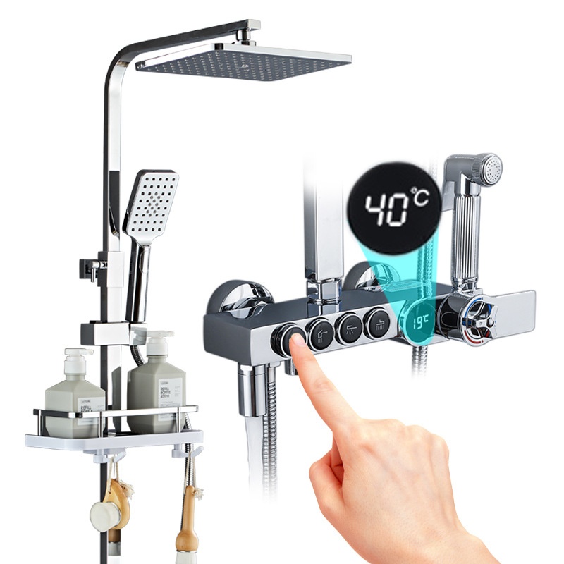 高級シルバーLEDデジタルディスプレイ真鍮シャワーセット4キ - Faucet のレビューと価格