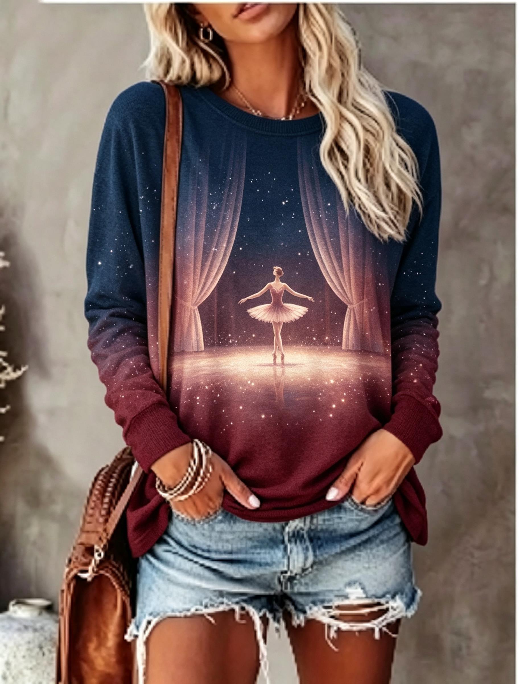 女性用長袖Tシャツ バレエダンサー ステージカーテン スター - Wallpaper のレビューと価格