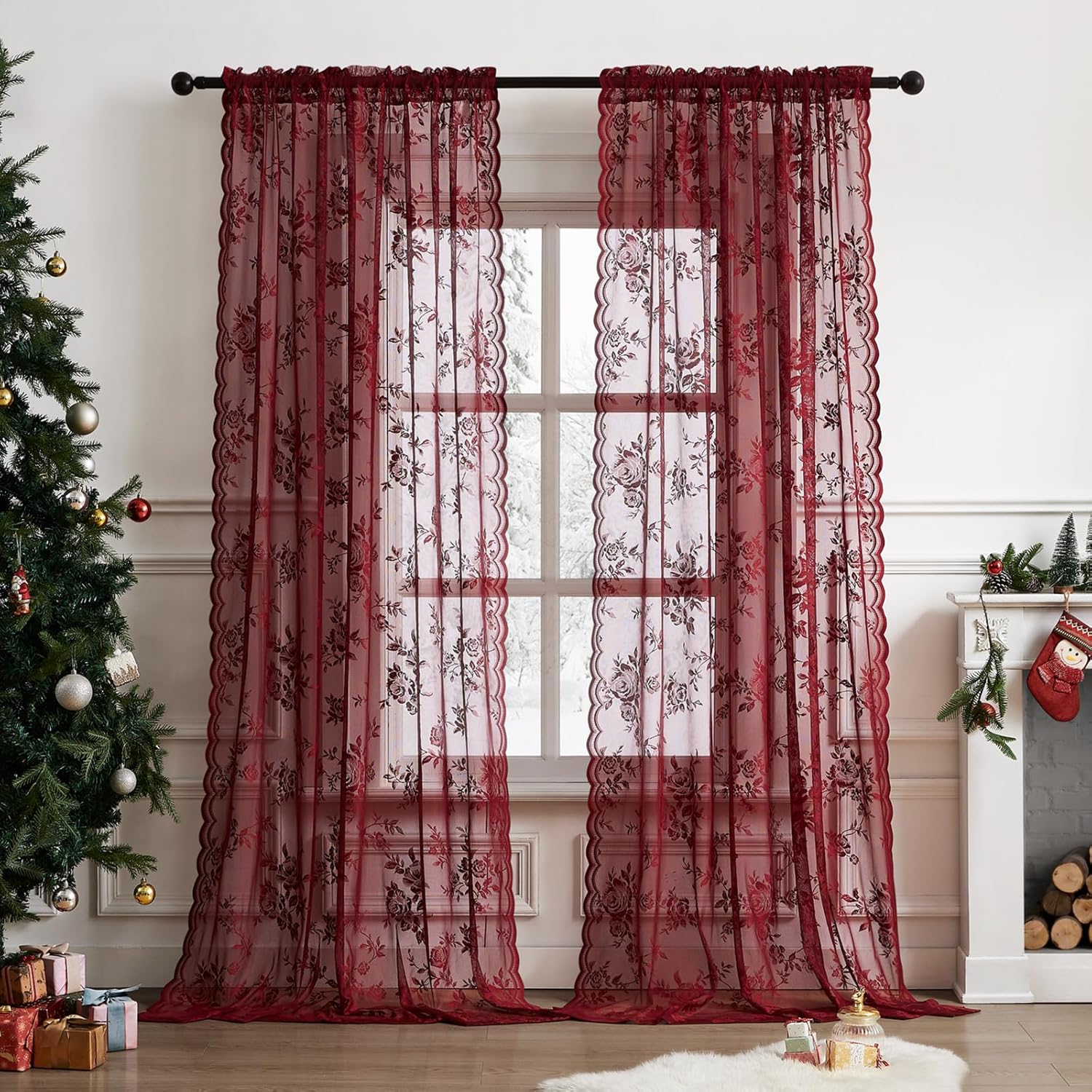 バーガンディレースカーテン 1枚、長さ45インチ、ヴィンテー - Curtain Rods のレビューと価格