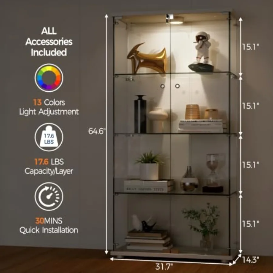 コレクション用の強化ガラス製ショーケース。4段の棚、両開きド - Door Lock のレビューと価格